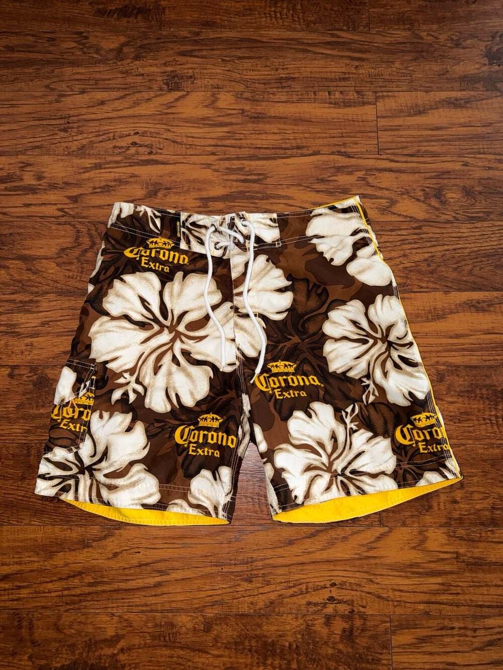 Corona Extra Men's Board Shorts Swim Trunks Brown Floral Large